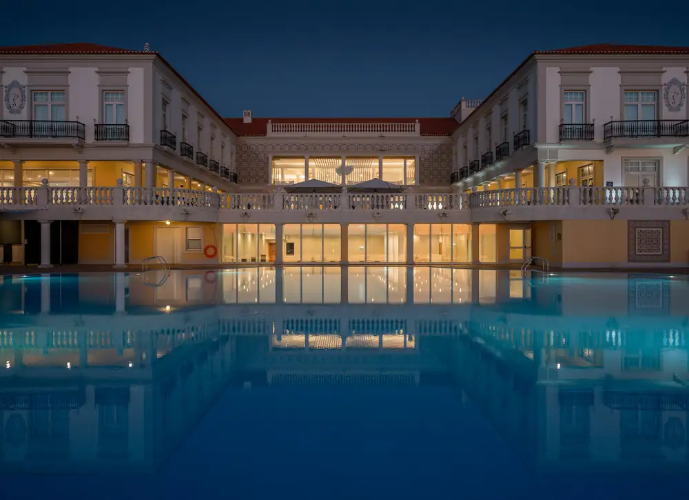 Marriott hotel and pool at dusk, Praia d’El Rey