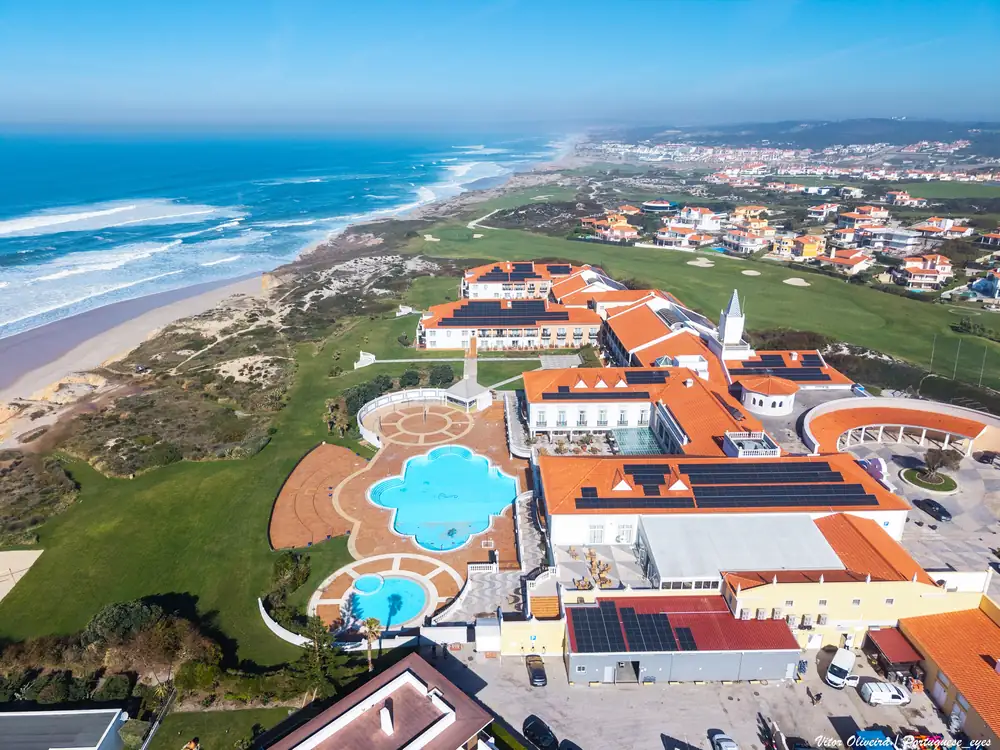 Aerial view of the Praia d’El Rey Marriott resort and pools